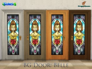 Sims 4 — BG Door: Belle by DragonQueen — A set of wood doors, in four frame colors, with stained glass insert of Belle.