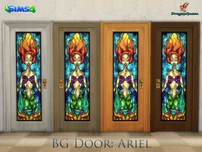 Sims 4 — BG Door: Ariel by DragonQueen — A set of wood doors, in four frame colors, with stained glass insert of Ariel.