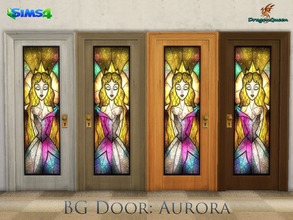 Sims 4 — BG Door: Aurora by DragonQueen — A set of wood doors, in four frame colors, with stained glass insert of Aurora.