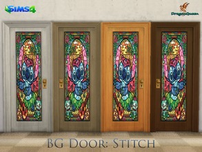 Sims 4 — BG Door: Stitch by DragonQueen — A set of wood doors, in four frame colors, with stained glass insert of Stitch.