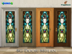 Sims 4 — BG Door: Mulan by DragonQueen — A set of wood doors, in four frame colors, with stained glass insert of Mulan.