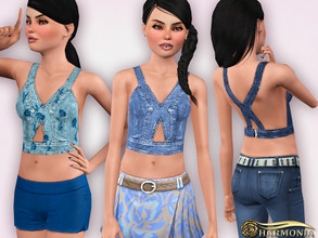 Sims 3 — TEE ~ Bustier-Like Cropped Denim Top by Harmonia — Recolorable 4 color