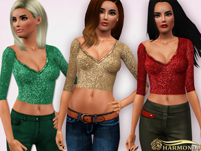 Sims 3 — Asymmetric-neck Sequinned Crop Top by Harmonia — Recolorable 6 color