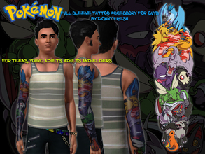 Sims 3 — Pokemon Tattoo Sleeve Accessory for Guys by Downy Fresh — Featuring the Gen 1 Legendary Birds Articuno, Moltres,