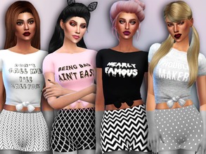 Sims 4 — 'Troublemaker' Crop Tops by Simlark — Bad girls wear these graphic crop tops well! 4 designs.