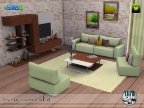 Sims 4 — Coba living room set by xyra332 — The set contains: sofa, seat, tv cabinet, coffee table, cushions, vases, paint