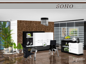 Sims 4 — Soho Dining Room by NynaeveDesign — Modern minimalism meets dark colors and rich textures, allowing your sims to