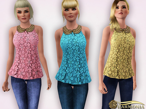 Sims 3 — Gold Metal Collar Lace Peplum Top by Harmonia — Mesh By Harmonia 3 color. Recolorable