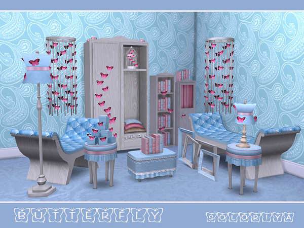 Sims 4 — Butterflies by soloriya — Elegant set with 15 objects. Has 3 color variations: white wood with pink and blue and