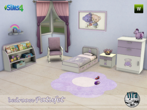 Sims 4 — Patufet set bedroom by xyra332 — Bed, bookshelf, rocking chair, end table, dresser, painting, rug All are new