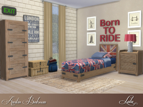 Sims 4 — Austin Bedroom  by Lulu265 — An Industrial style bedroom for the kids. Three styles included, a British theme, a