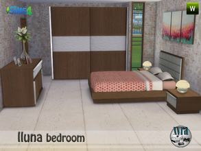 Sims 4 — Lluna set bedroom by xyra332 — Bedroom set Contains: double bed, dresser, end table, drawer, painting and table