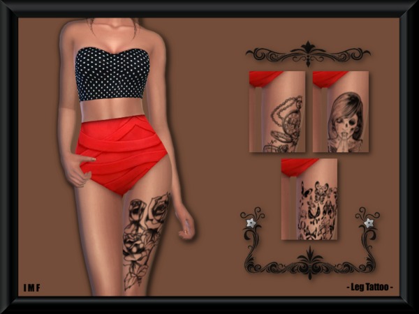 Sims 4 — IMF Leg Tattoo by IzzieMcFire — Leg tattoo's in 4 variations. Black only! Standalone item with thumbnail. Enjoy