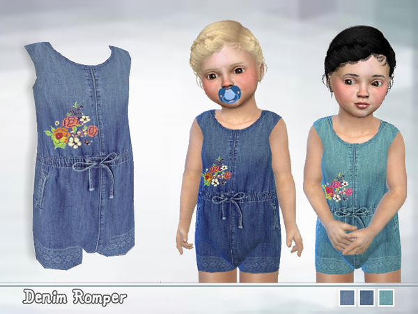 Sims 4 — Toddler Denim Romper by Puresim — A cute denim romper with flower details on the front . 3 colors, with custom