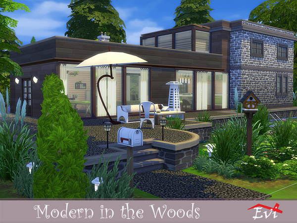 Sims 4 — Modern in the Woods by evi — In the middle of a forest this modern building is an oasis for its residents.