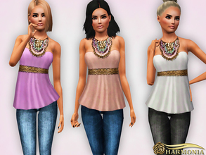 Sims 3 — Cotton-silk Blend Beaded Neck Blouse by Harmonia — 5 color recolorable Mesh By Harmonia