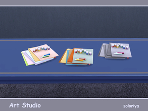 Sims 4 — Art Studio Art Supplies by soloriya — Some colorful sheets of paper with paints and two pencils. Part of Art