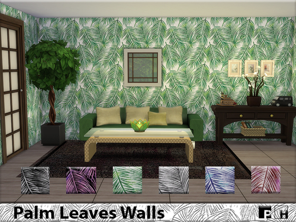 Sims 4 — Palm Leaves Walls by Pinkfizzzzz — Palm leaves for the Nature Sim! In 6 colours. Be used on all 3 sized walls.