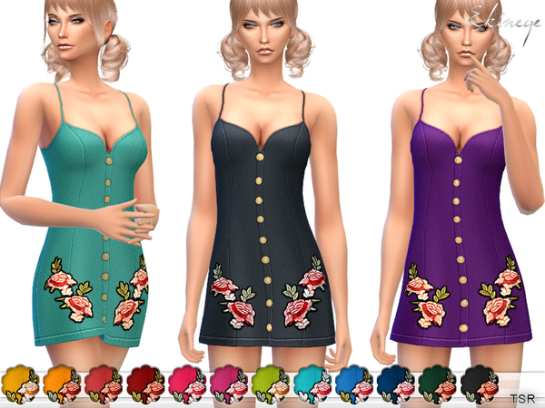 Sims 4 — Rose Embroidered Mini Dress by ekinege — A mini dress featuring a rose embroidery on the hem, front buttons,