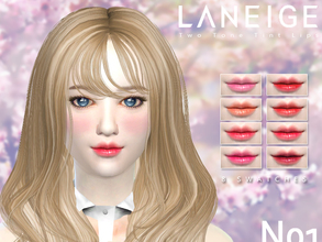 Sims 4 — LANEIGE Two Tone Tint Lips N01 by iCedxLemonAde — 8 swatches l Lovely Coral ~ Femine Rose HQ compatible Love