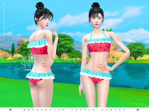 Sims 4 — Watermelon Ruffle Bikini by iCedxLemonAde — ONE swatch only New mesh by me
