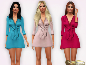 Sims 3 — Knotted Front Long-sleeved Silk Dress by Harmonia — 5 color recolorable Mesh By Harmonia