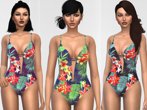 Sims 4 — Floral Swimsuit by Puresim — A tropical swimsuit for your simmies. -3 swatches -Teen to elder -Crisscross back