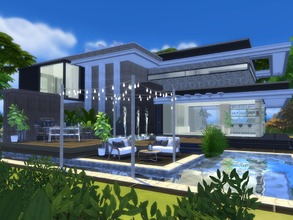 Sims 4 — Modern Abela by Suzz86 — Modern Home featuring kitchen,dining area with fireplace,and livingroom. 4 bedroom, 2