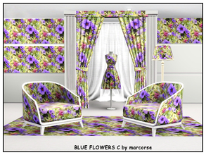 Sims 3 — Blue Flowers C_marcorse by marcorse — fabric pattern - blue, pink and white wildflowers on yellow