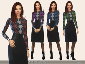 Sims 4 — AutumnOutfit by Paogae — Black leather skirt, woolen sweater with lozenges pattern, in four colors. Categories: