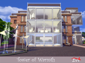 Sims 4 — Tower of Warmth by evi — A three-story house with a pool on its foundations. It is designed with old stone