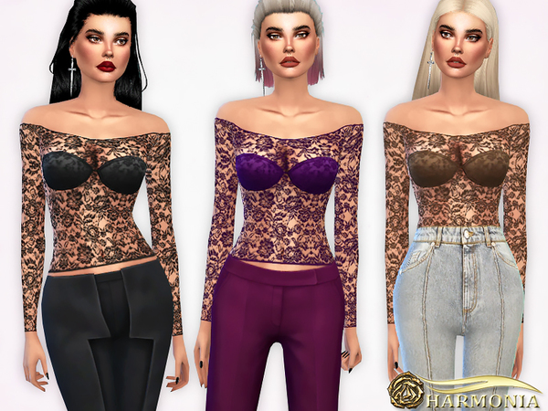 Sims 4 — Off the Shoulder Lace-Mesh Top by Harmonia — 7 color Please do not use my textures. Please do not re-upload.