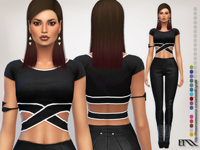 Sims 4 — Knit Criss-CrossTop by EsyraM — High shine knit crew neck short sleeve crop top with contrasting white tipping
