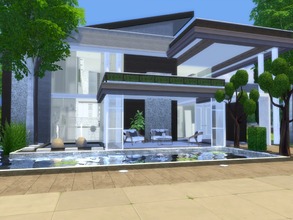 Sims 4 — Odelia by Suzz86 — Modern Home featuring kitchen with breakfast bar,dining area with fireplace,and livingroom. 3
