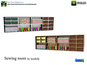 Sims 4 — kardofe_Sewing room_Shelving by kardofe — Wood storage with drawers, boxes, folded fabrics and spools of thread