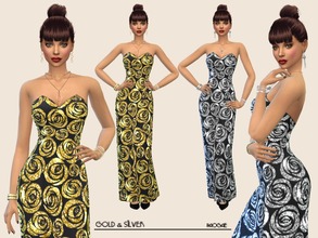 Sims 4 — Gold&Silver by Paogae — Elegant long dress, black, with glittering (really glittering!) roses in two colors,