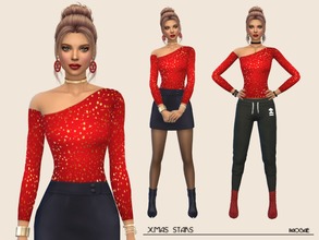 Sims 4 — Xmas Stars by Paogae — Simple tight top, red, with glittered gold stars, perfect for your Christmas time.