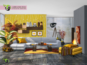 Sims 4 — Amber Living Room by NynaeveDesign — A contemporary living room with a sectional sofa and a mix of patterns