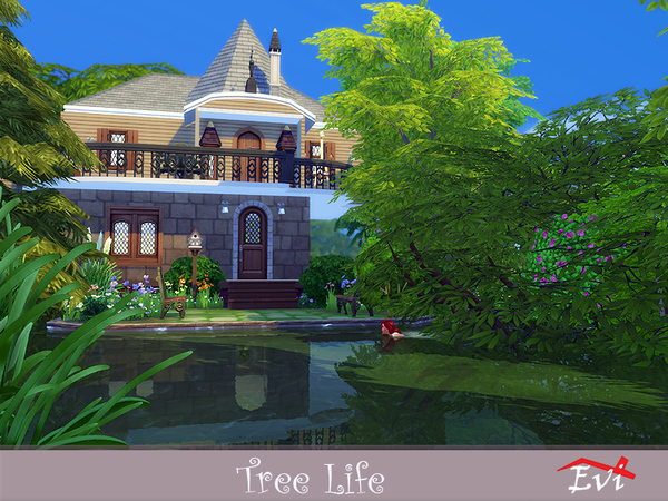 Sims 4 — Tree life by evi — This two bedroom house is met in the middle of the woods by the side of a pond. It is