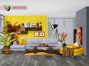 Sims 3 — Amber Living Room by NynaeveDesign — A contemporary living room with a sectional sofa and a mix of patterns