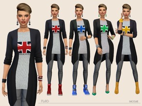 Sims 4 — Flag by Paogae — Outfit consists of skinny pants, black cardigan and gray sweater with flag in four colors.