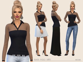 Sims 4 — Black Polo Shirt by Paogae — Simple polo shirt, black only, upper part and sleeves transparent with small polka