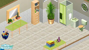 Sims 1 — Lemon Bathroom Set by sgandra — Includes: Bottles, Bucket, Cabinet, Counter, Mirror, Plant, Shower, Sink,