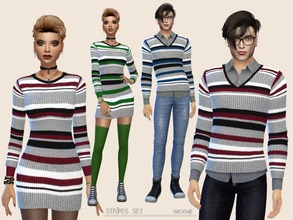 Sims 4 — Stripes Set by Paogae — Striped sweaters for her and him in three colors: invent your style together! Standalone