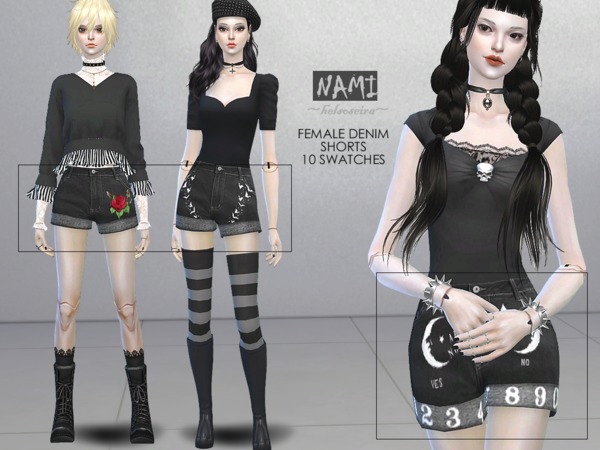 Sims 4 — NAMI - Denim Shorts - FM by Helsoseira — NAMI gothic denim shorts comes in 10 swatches for female from Teen to