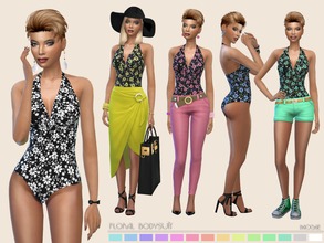 Sims 4 — Floral Bodysuit by Paogae — Floral pattern bodysuit with deep v-neck, 14 colors, to be used as bodysuit,