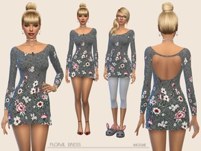 Sims 4 — Floral Dress by Paogae — Mini dress, one color, floral pattern, long sleeves and opening on the back. To be used