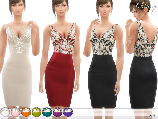 Sims 4 — V Neck Gold Embroidered Dress by ekinege — V-Neck gold embroidered bodice fitted short dress. 10 different