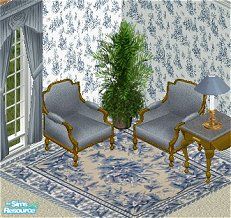 Sims 1 — Belle Blue Livingroom Set by CactusWren — Includes: Chair, Endtable, Rug, Lamp, Drapes