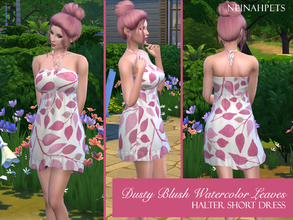 Sims 4 — Watercolor Blush Spring Halter Dress by neinahpets — Soft blush and deep pink watercolor leaves accent this